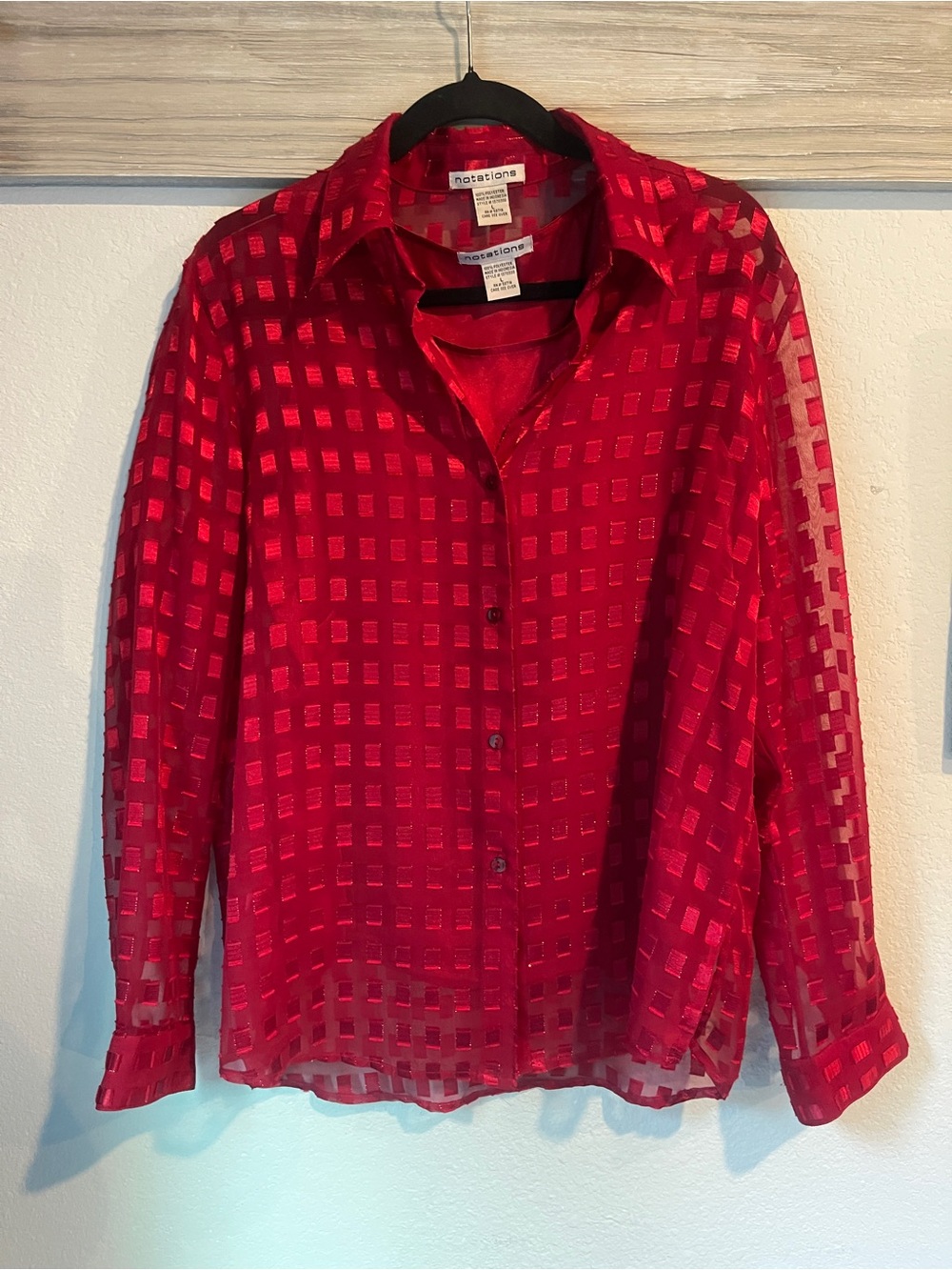 Notations Red Sheer Burnout Check Button-Up Shirt